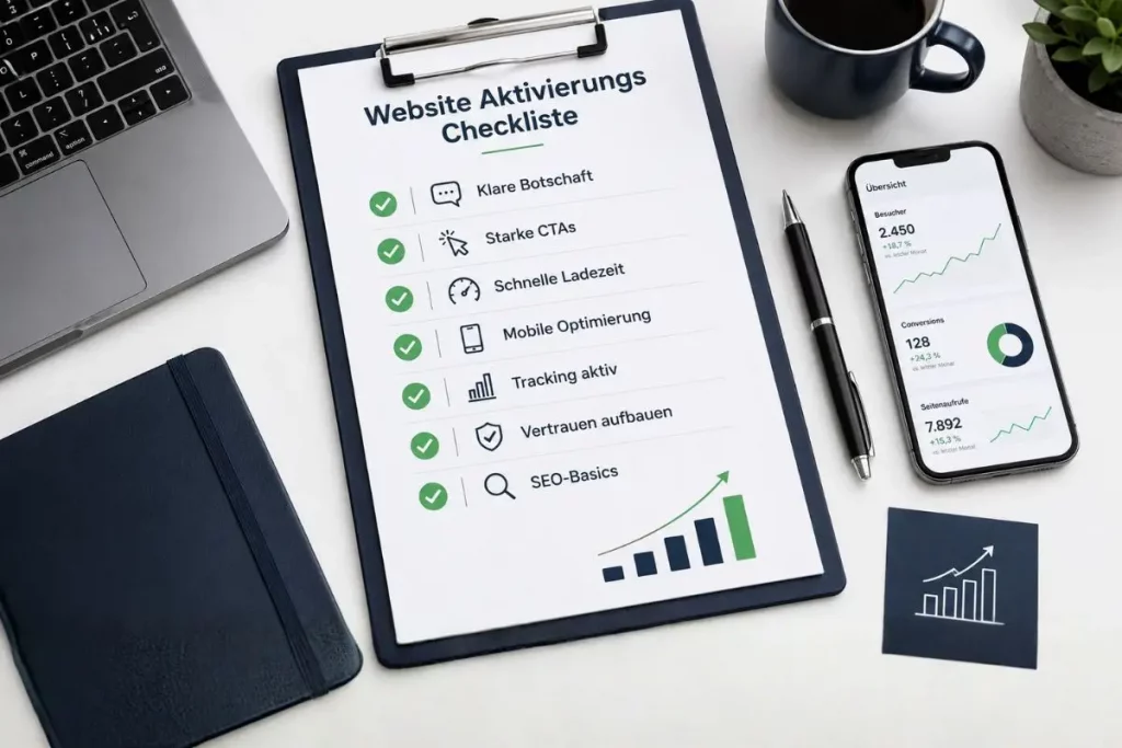 Website Aktivierungs Checkliste mit wichtigen Punkten wie klare Botschaft, starke CTAs, schnelle Ladezeit, mobile Optimierung, Tracking und Vertrauen aufbauen