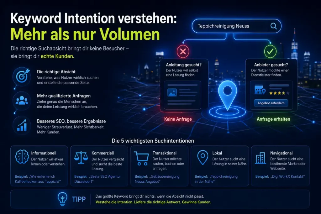 Suchintention verstehen: fünf klassische⁠ Such-Absichten informationell, kommerziell, transaktional, navigational und lokal.